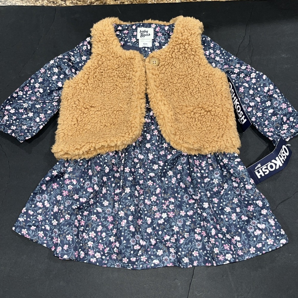 Baby B'gosh Baby Girl Blue Floral Print Dress with Sherpa Vest Dress SZ 6M NWTs